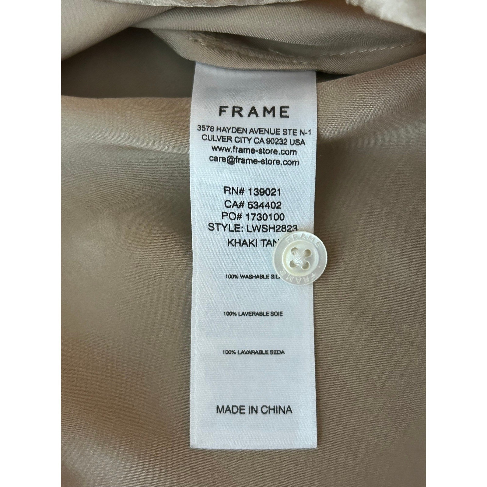 FRAME Khaki Tan 100% Washable Silk Cropped Button Down Shirt LWSH2823 Small 1344