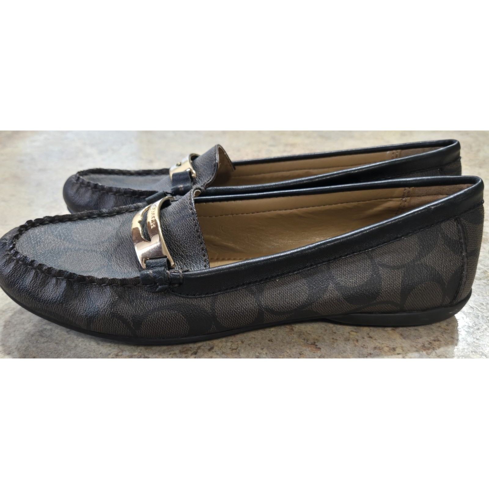 Coach Olympia Signature Monogram Loafers Brown Black Gold Hardware Size 9B