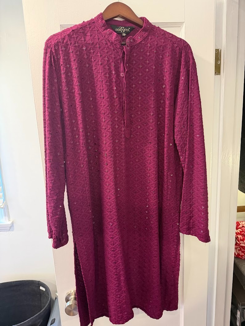 Sojanya Men’s XL Purple Cotton Kurta Sequinned Embroidered Indian Tunic (Top)