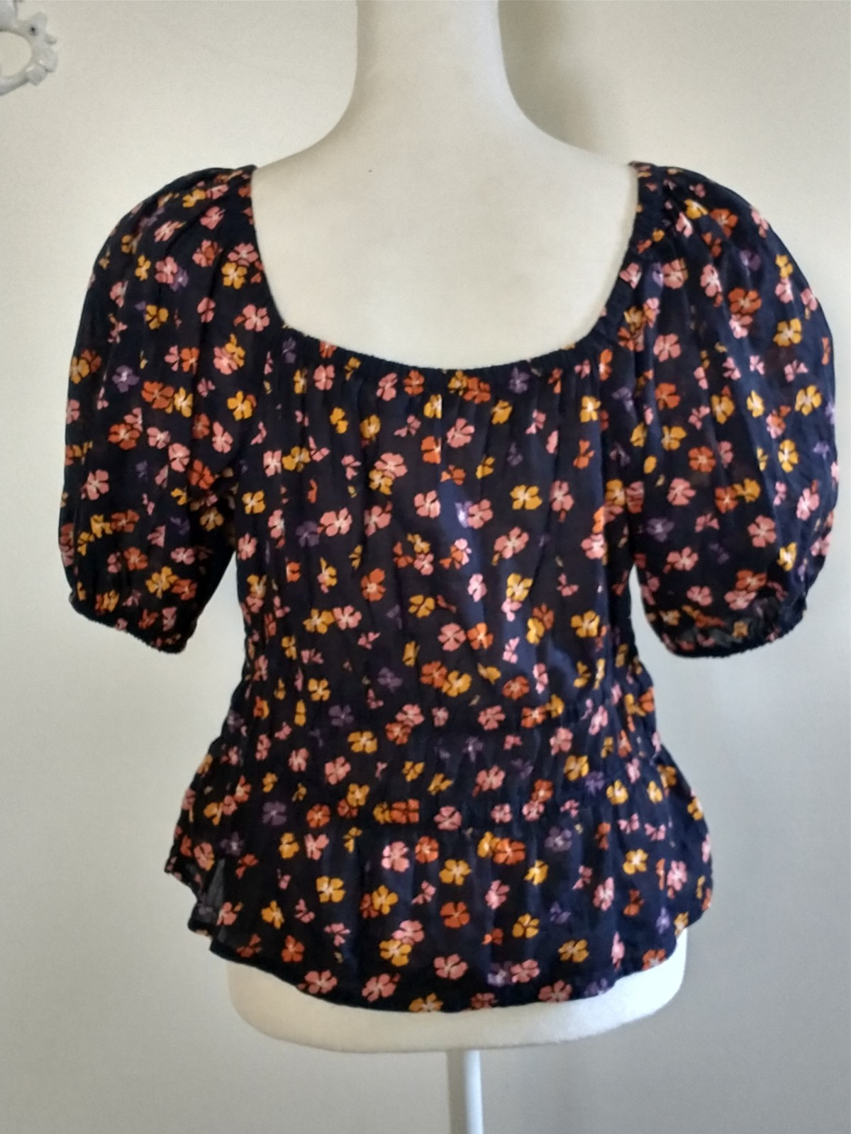 Madewell Navy Blue Floral Boho Peplum Puff Sleeve Blouse Top S