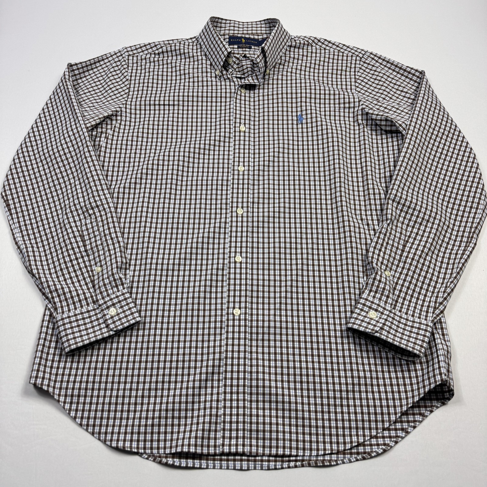 Ralph Lauren Button Shirt Mens Large Brown Blue Plaid Nylon Elastane Long Sleeve