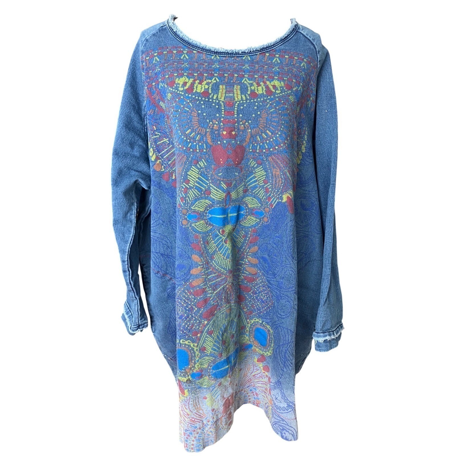 Yes No Blue Oversized Tunic Sweatshirt Top Tribal Graphic Print Pockets L/XL