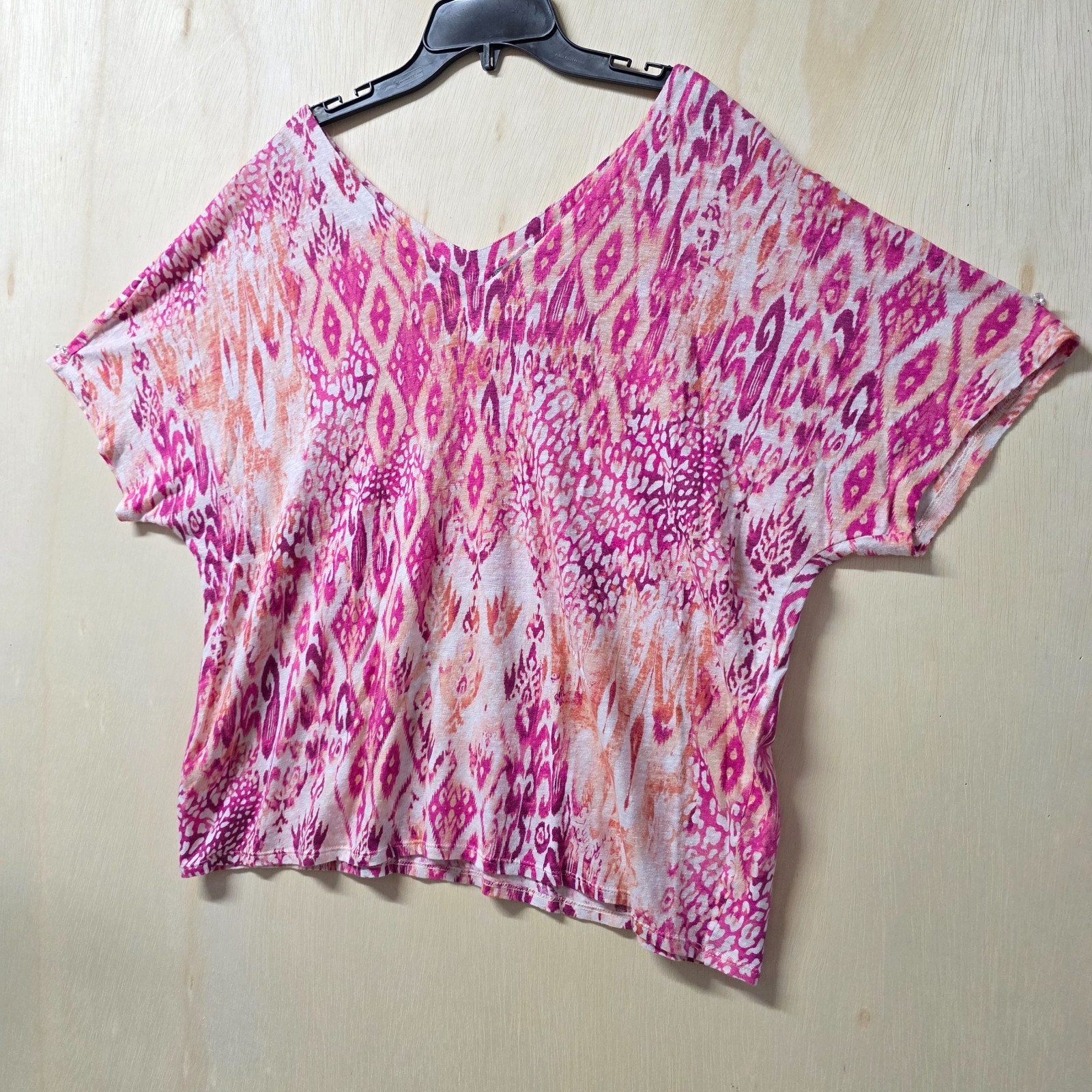 Chicos 4 XXL 100% Linen Ikat Print Dolman Top Pink Peach V Neck Boho