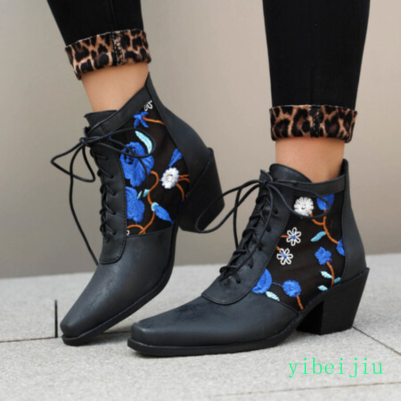 Womens Lady Mid Heel Embroidery Flower Lace Up Ankle Boots Shoes Pointy Toe Pump