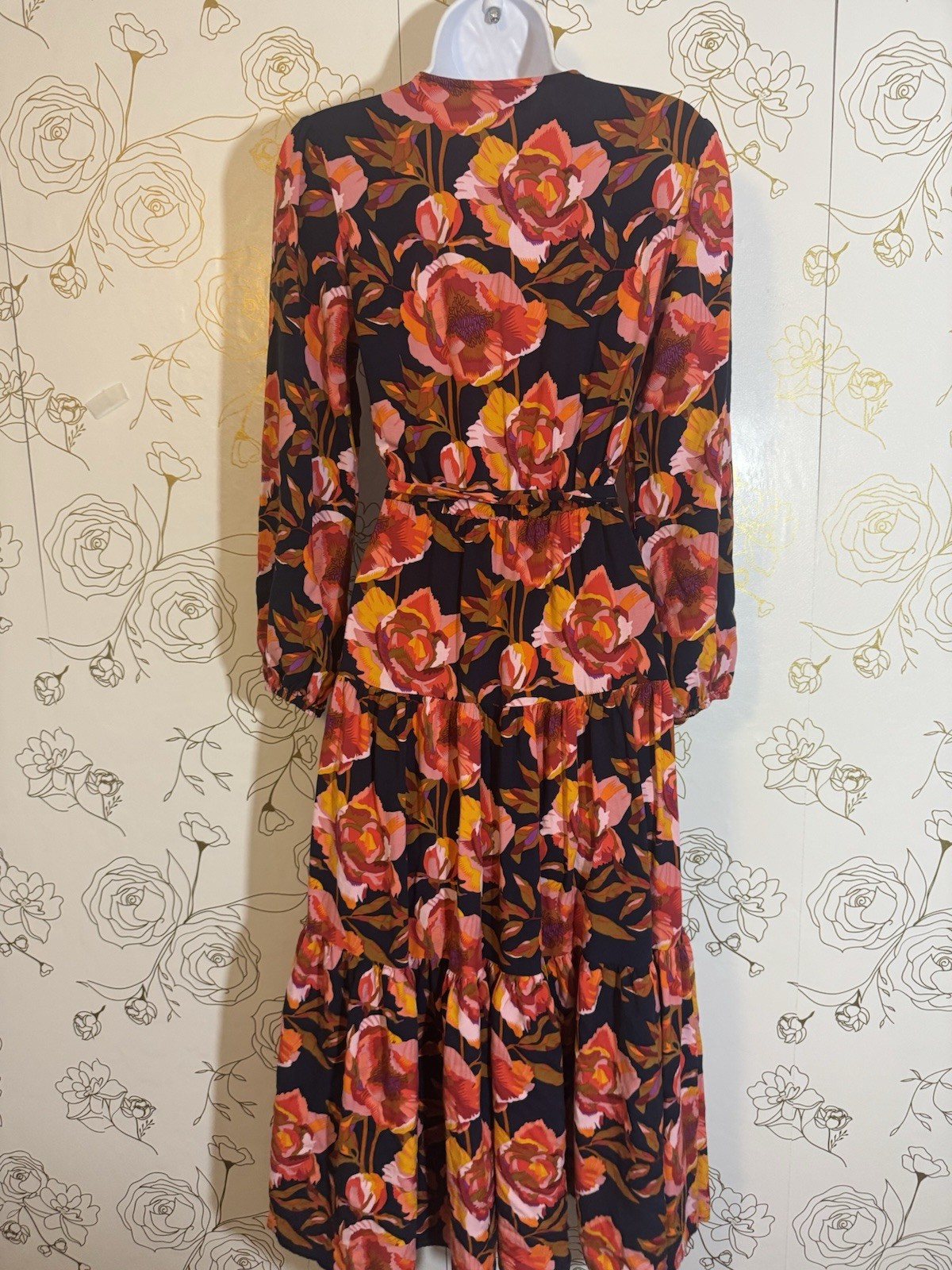 Petal and Pup Dress small Floral Midi/Maxi Wrap Navy Orange Pink Puff Sleeve