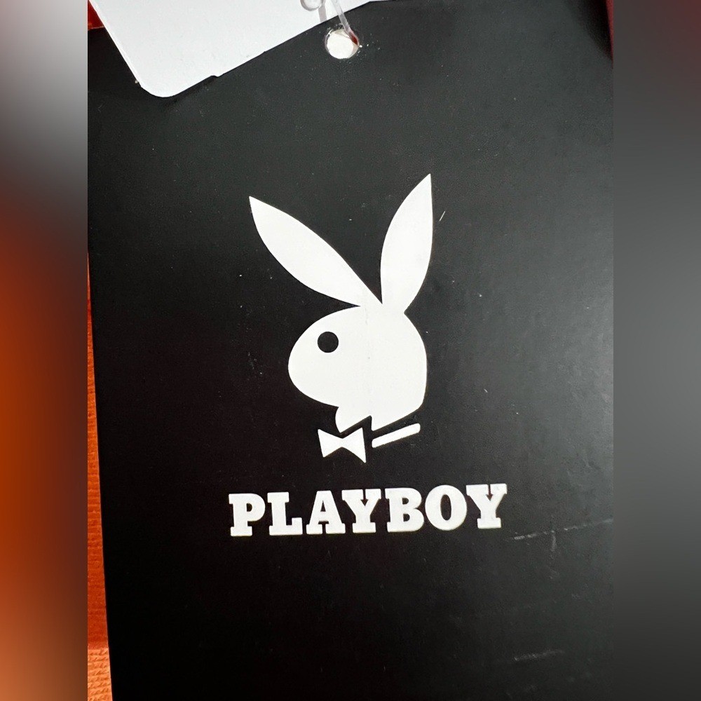 PLAYBOY men’s graphic print shirt orange Tee Black Logo size medium
