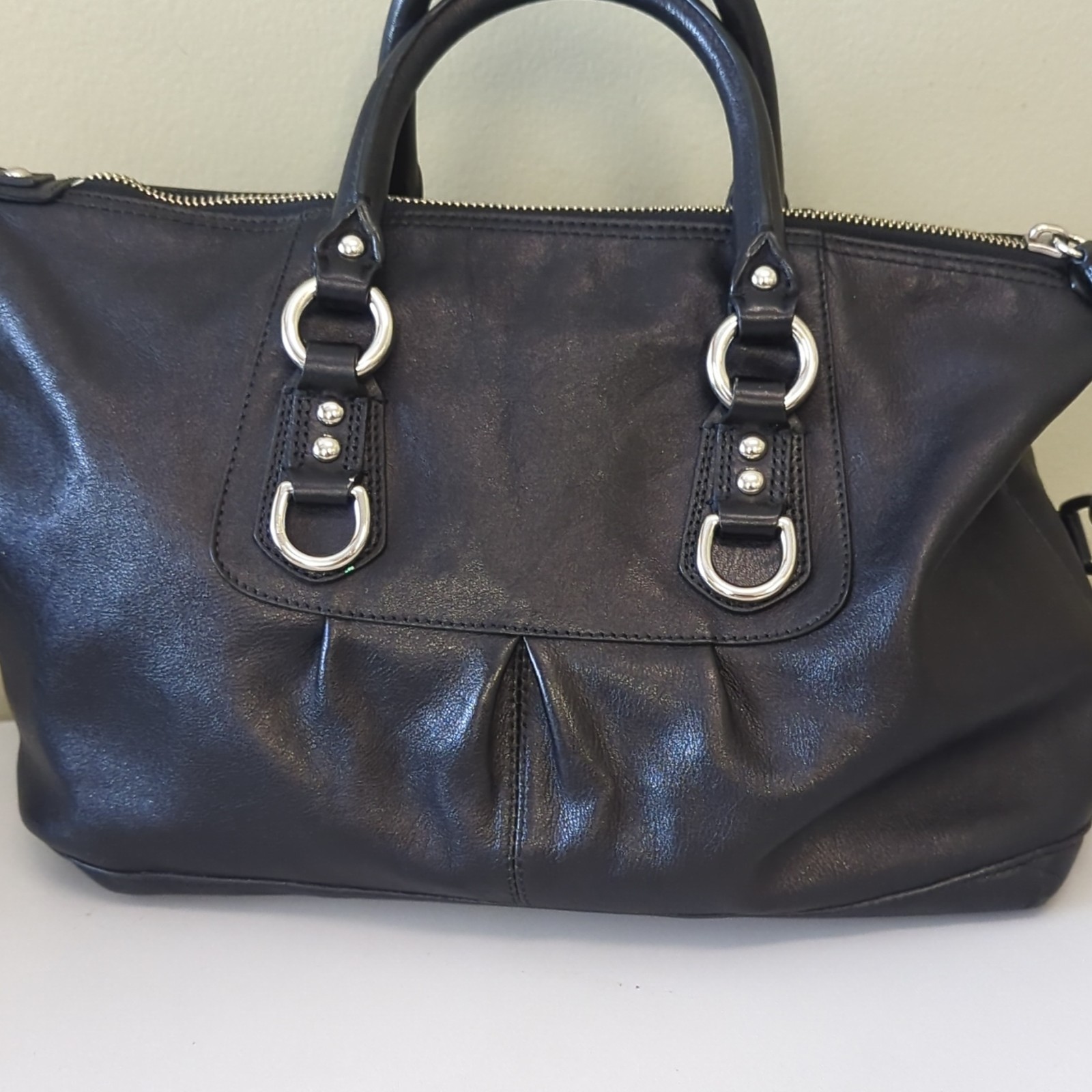 Coach Black Ashley Satchel/Top Handle Bag w/ Detachable Strap, Purple Lining