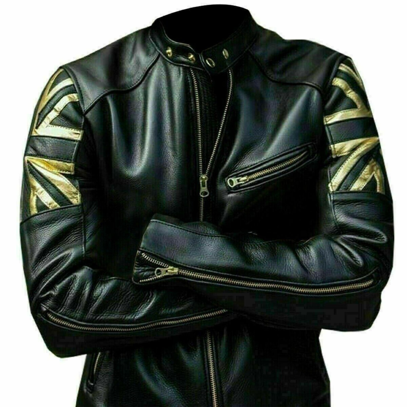 Mens Vintage Motorcycle Cafe Racer Biker Black Union Jack UK Flag Leather Jacket