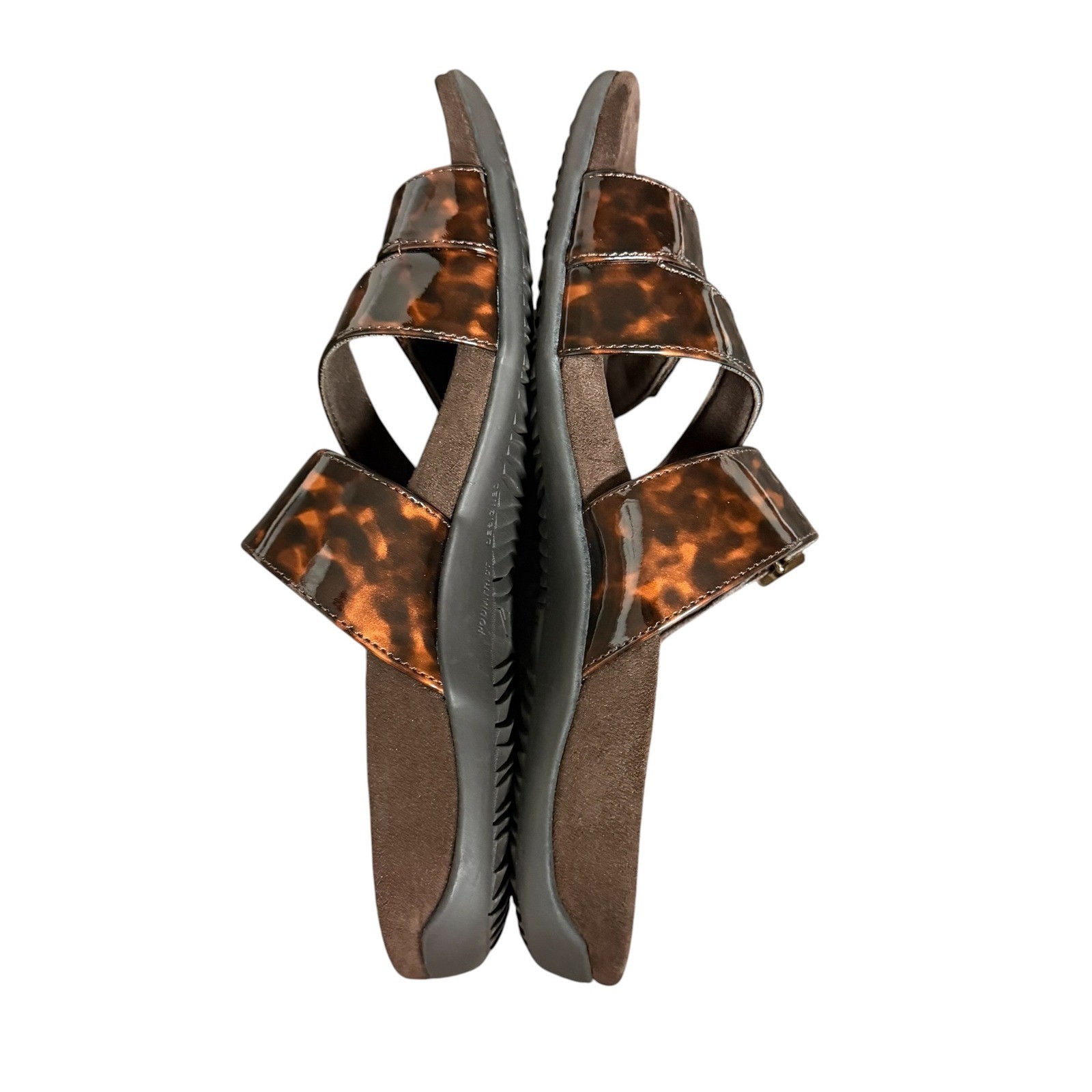 Vionic Skylar Tortoise Shell Patent Adjustable Slide Sandals Brown Gold Buckle