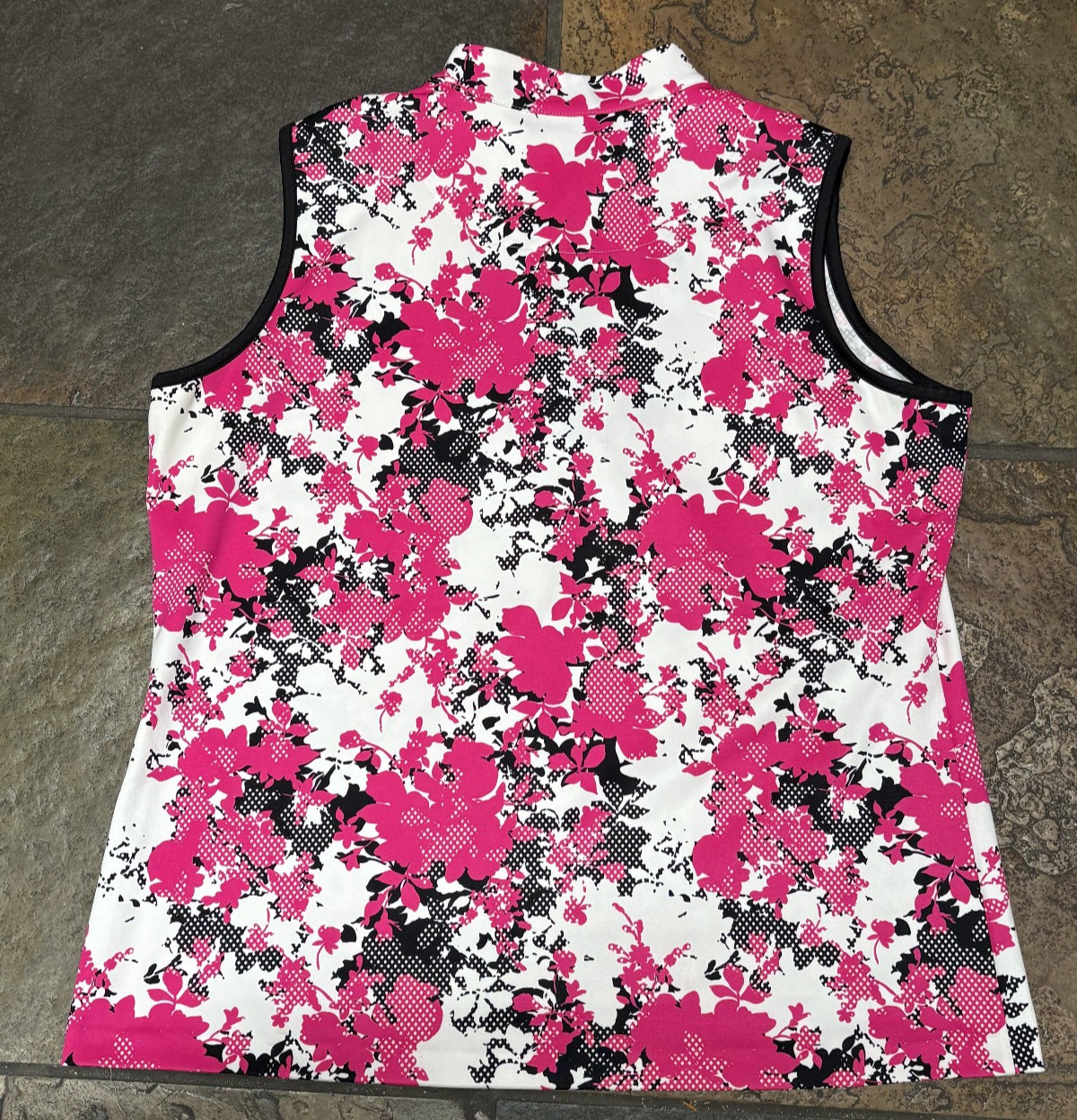 TAIL Size XL Open Zipper V Neck Pink & Black Poly Blend Sleeveless Top