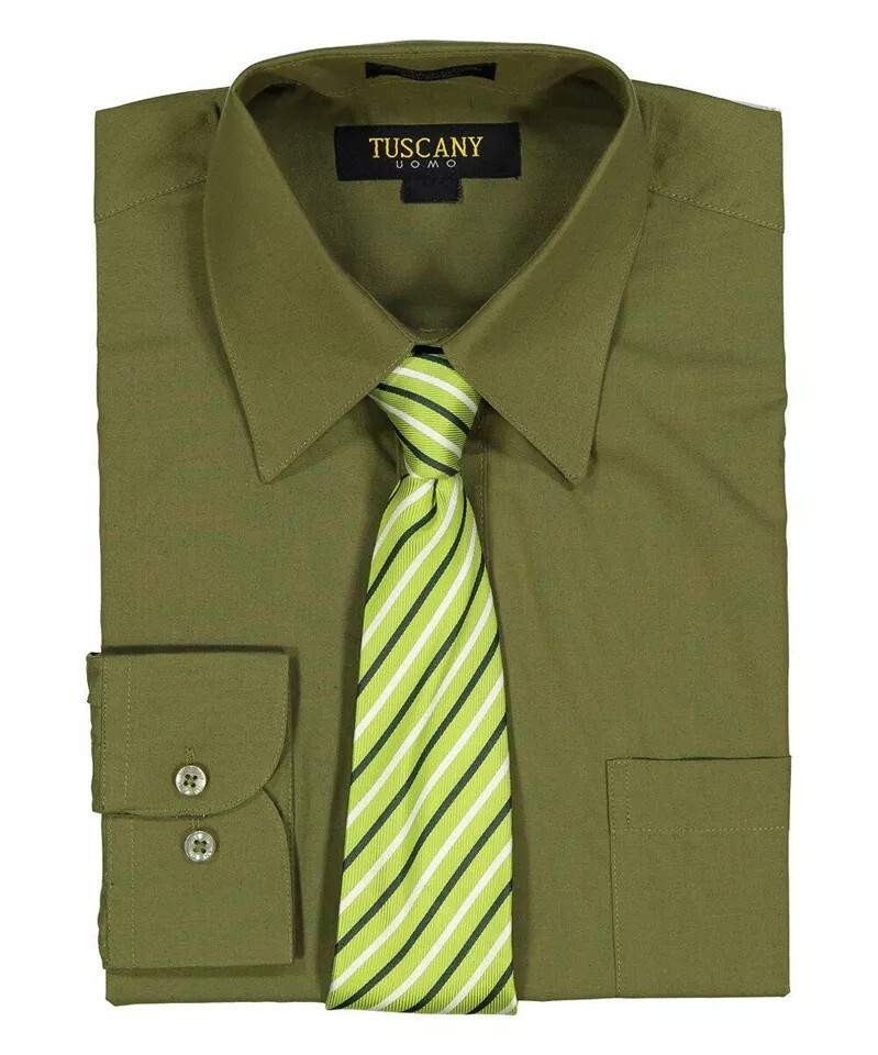 Men’s Dress Cotton-Blend Shirts W/ Matching (Random design) Tie Set – OLIVE