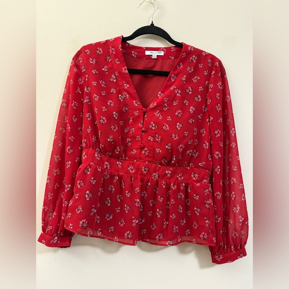 Madewell Floral Peplum V-Neck Top in Red – XS
