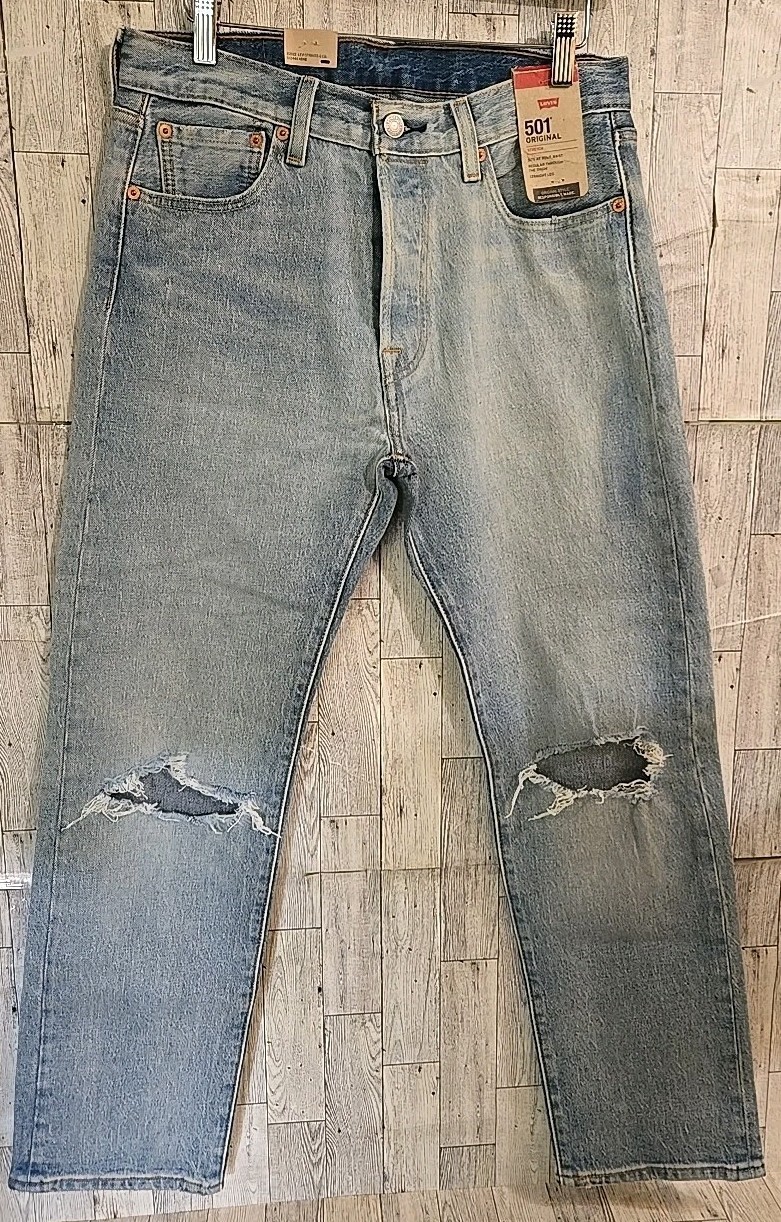 Levi’s 501 Jeans Button Fly 30 32 33 34 36 38 Straight Leg Destructed Knees Mens