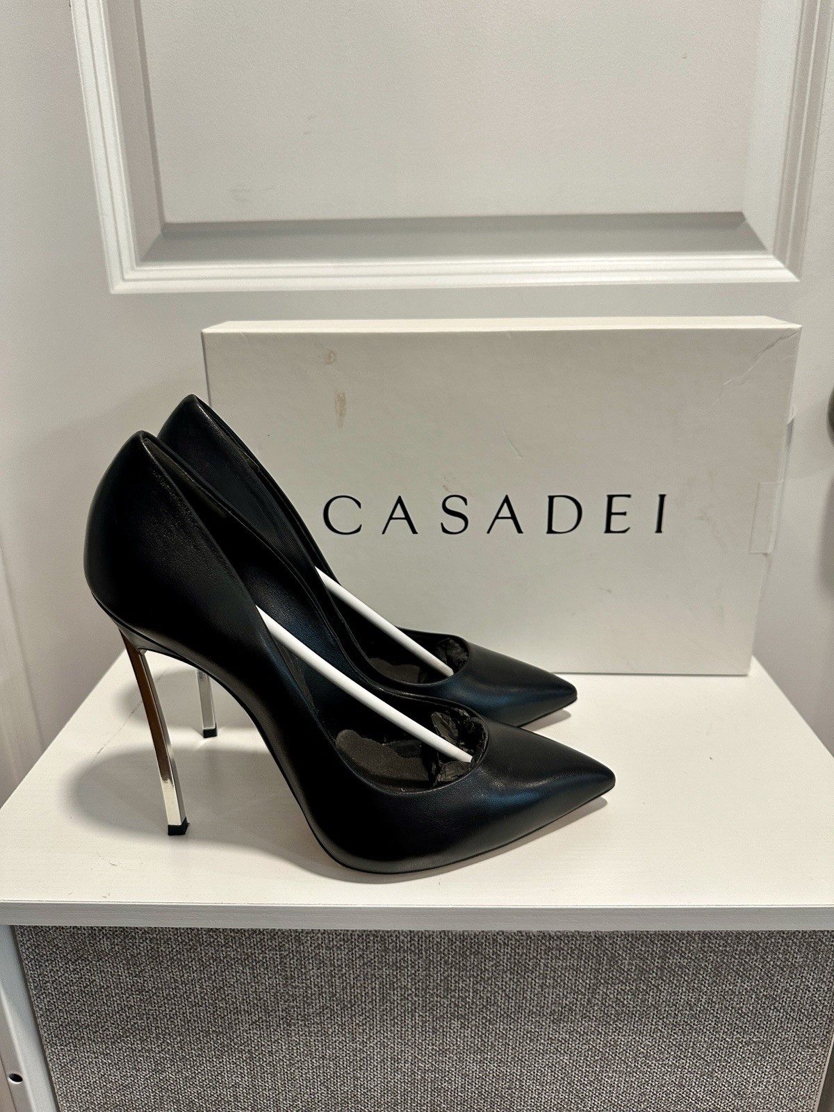 Casadei 115mm Blade Pumps Black Leather Pointed Stiletto Heel 37.5
