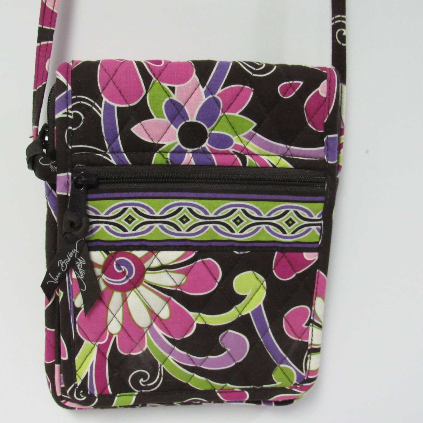 Vera Bradley Cross Body Bag Purple Punch Pattern Brown Pink Green 6.75″ x 8.25 “