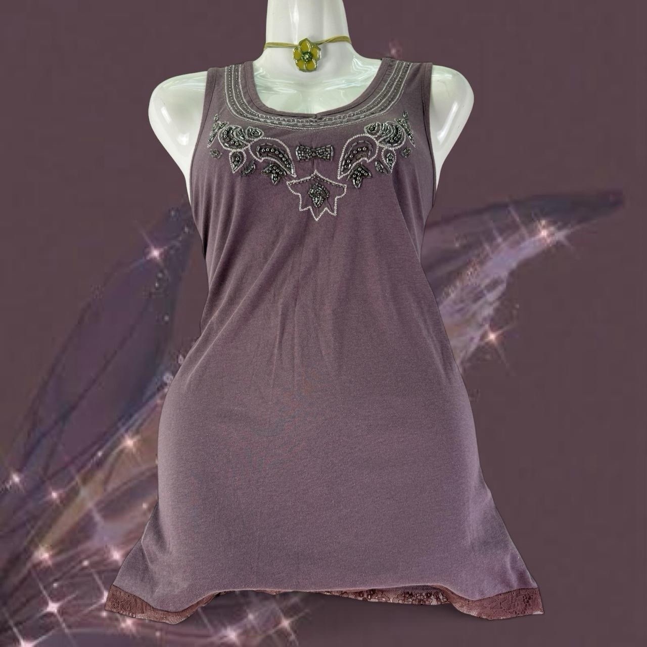 Vintage Y2K M Purple Tank Top Detailed Lace & Crystal Beads Neckline Sz L