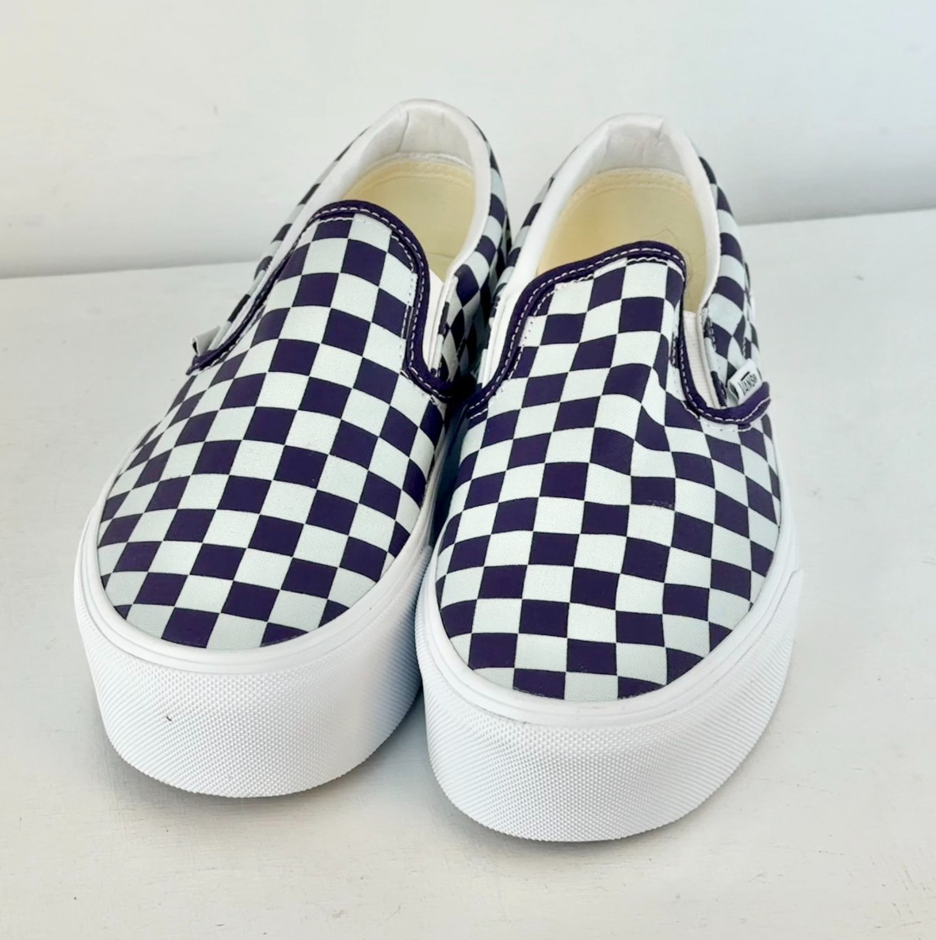 M6.5 W8-Vans Classic Slip-On Platform Checkerboard Shoe-Mist Blue/Gothic Grape