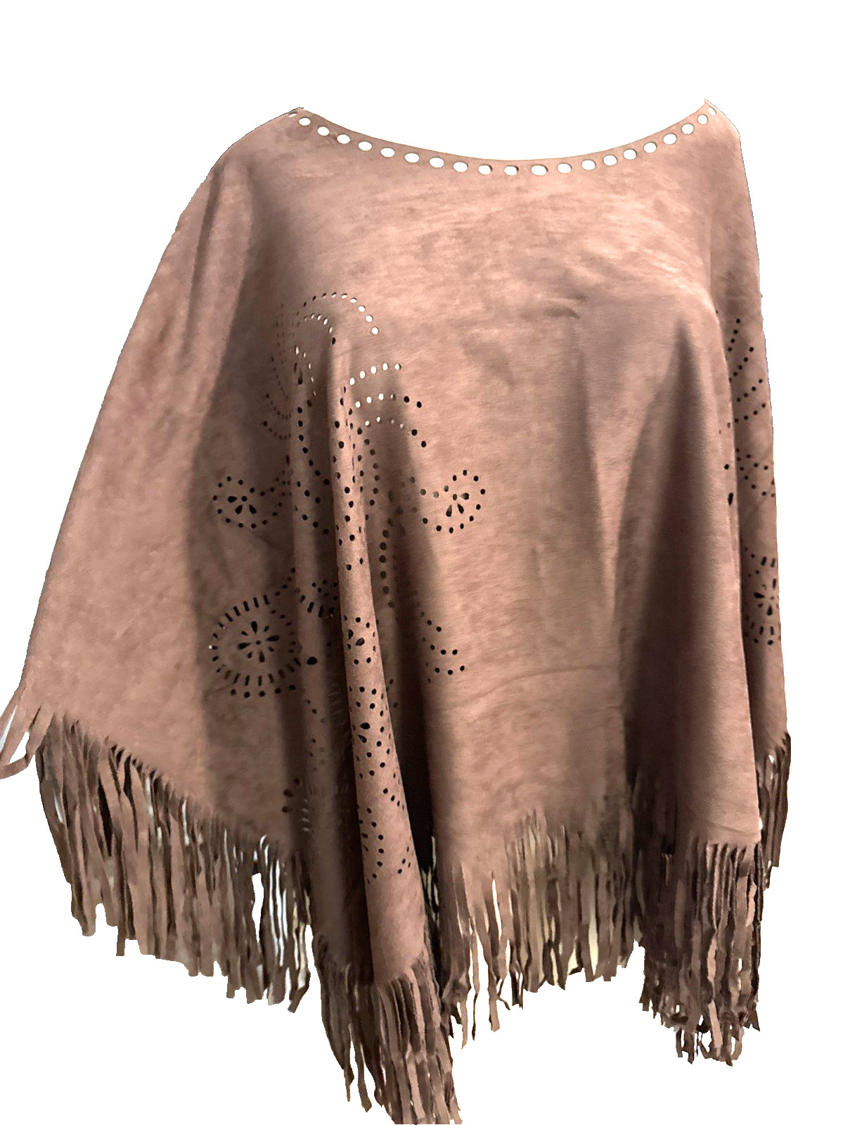 Boho Poncho / Shawl Costume Brown Fringe Cutout One Size Faux Suede cc1