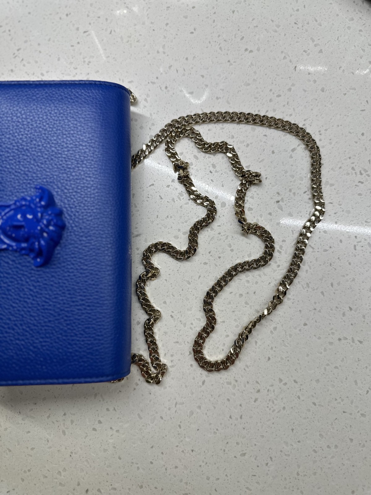 Versace Medusa Blue Crossbody Bag Gold Chain Strap Magnetic Closure Pockets