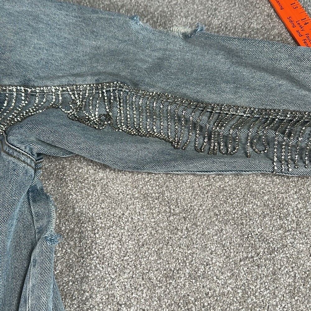 Distressed, rhinestone, fringe, jean jacket, grunge, punk band rock