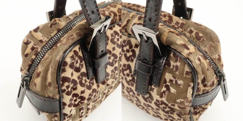 FENDI FF Mini Boston Bag Hand Bag 8BN004 Unborn Calf Leather Auth Used