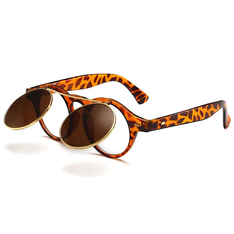 New Vintage Flip Cover Round Sunglasses Women Men Circular Sun Glasses Female