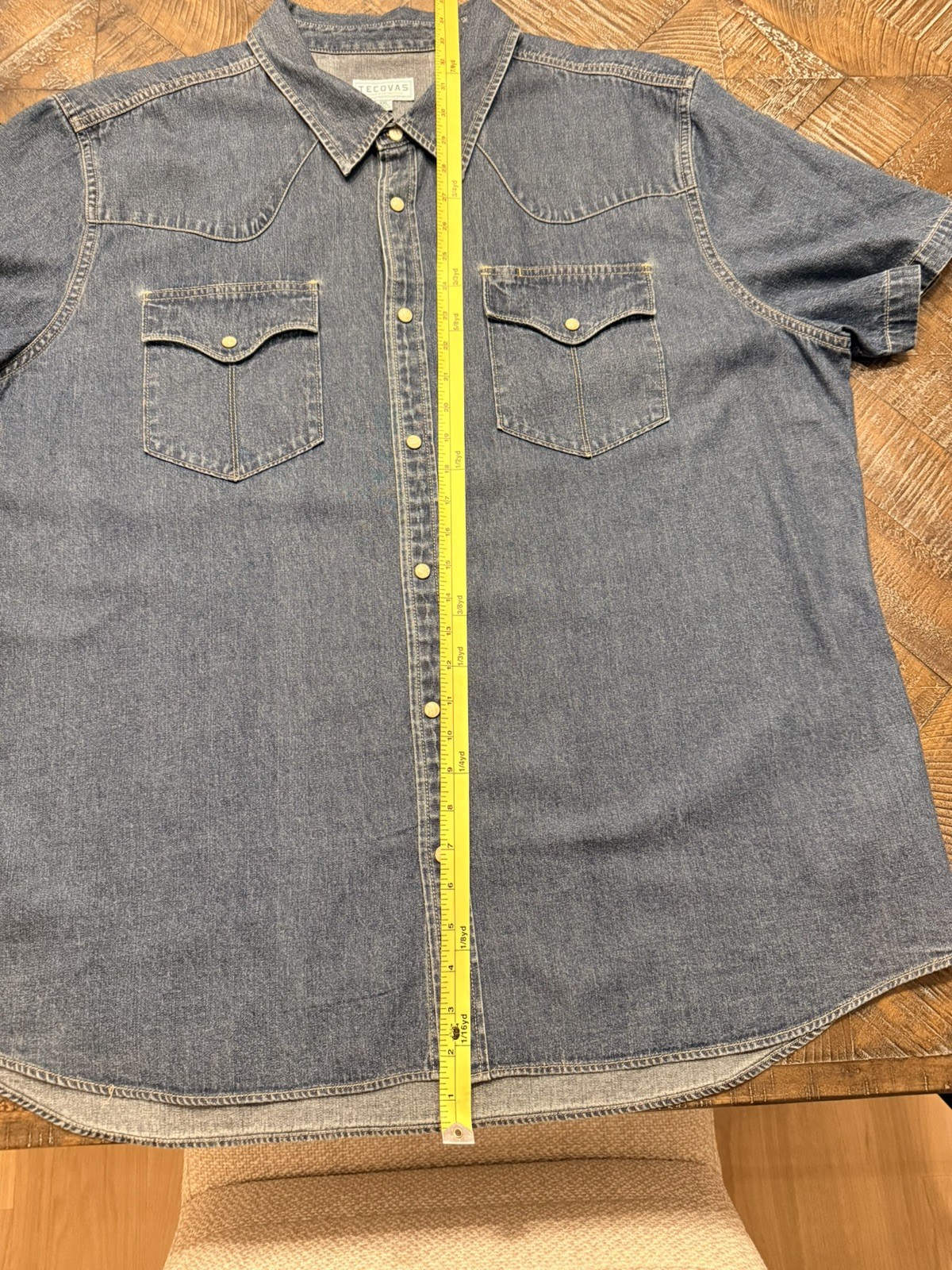 New Tecovas Western Shirt Mens Large Blue Denim Pearl Snap Yoke Short Sleeve