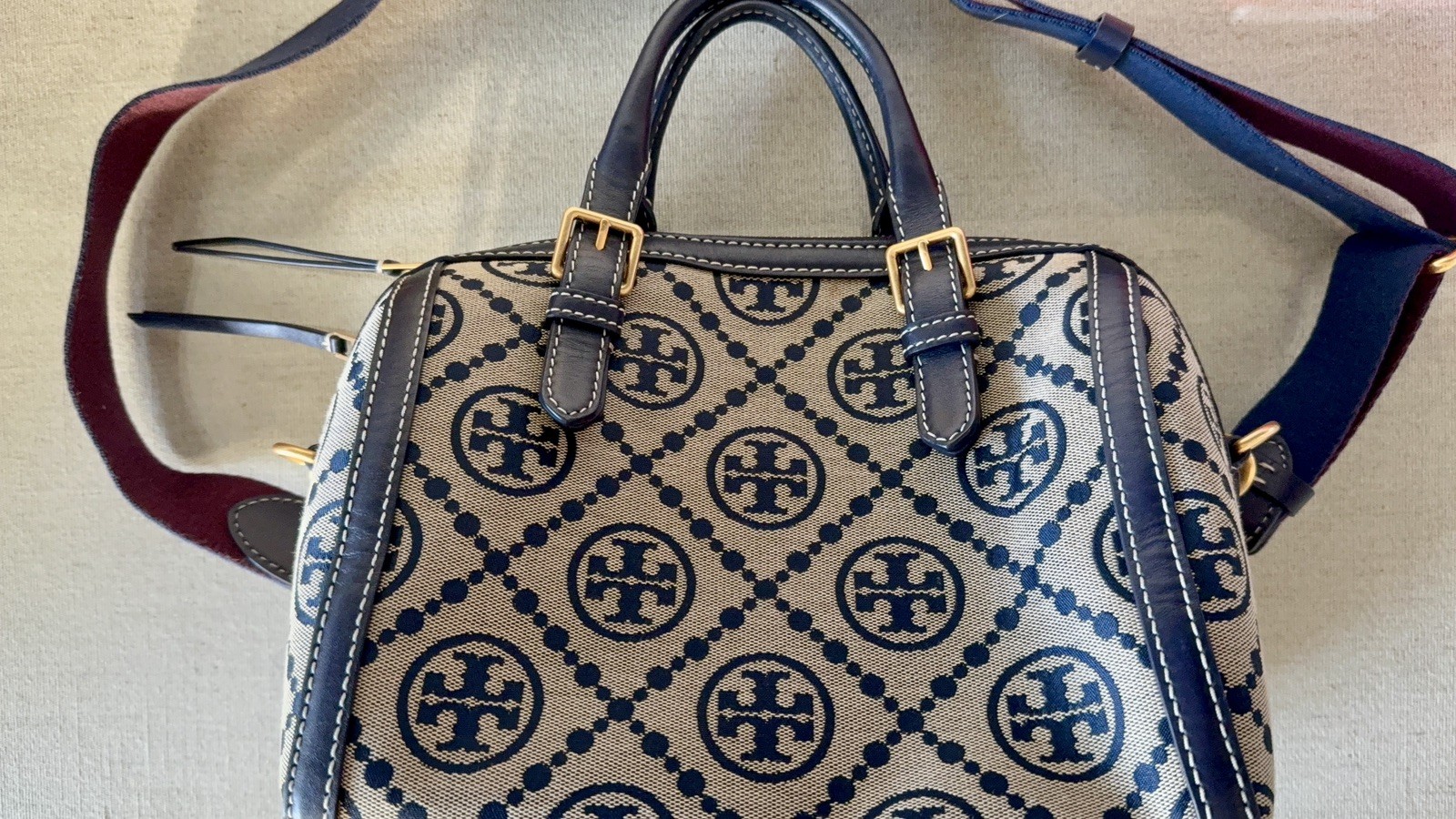 Tory Burch Monogram Navy Jacquard Barrel Handbag