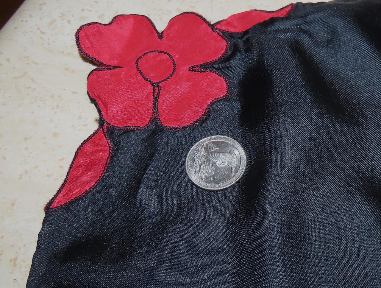Square black scarf; red floral accent; silk; 17 x 16.5 inches