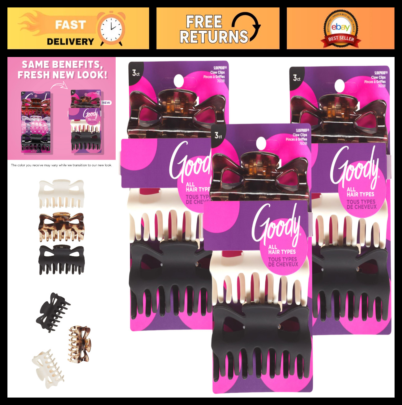 Large Claw Hair Clips Set – Assorted Neutral Colors, 3 Count for All Hair Types