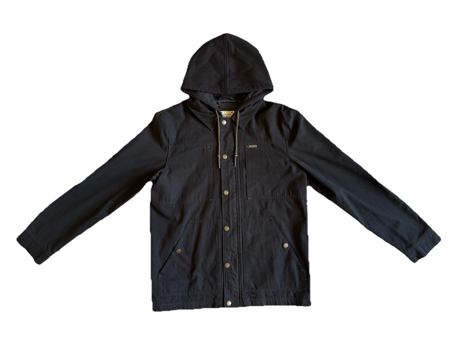 Dravus Men’s Black Hooded Jacket, Size L Regular, Zip/Button, Logo