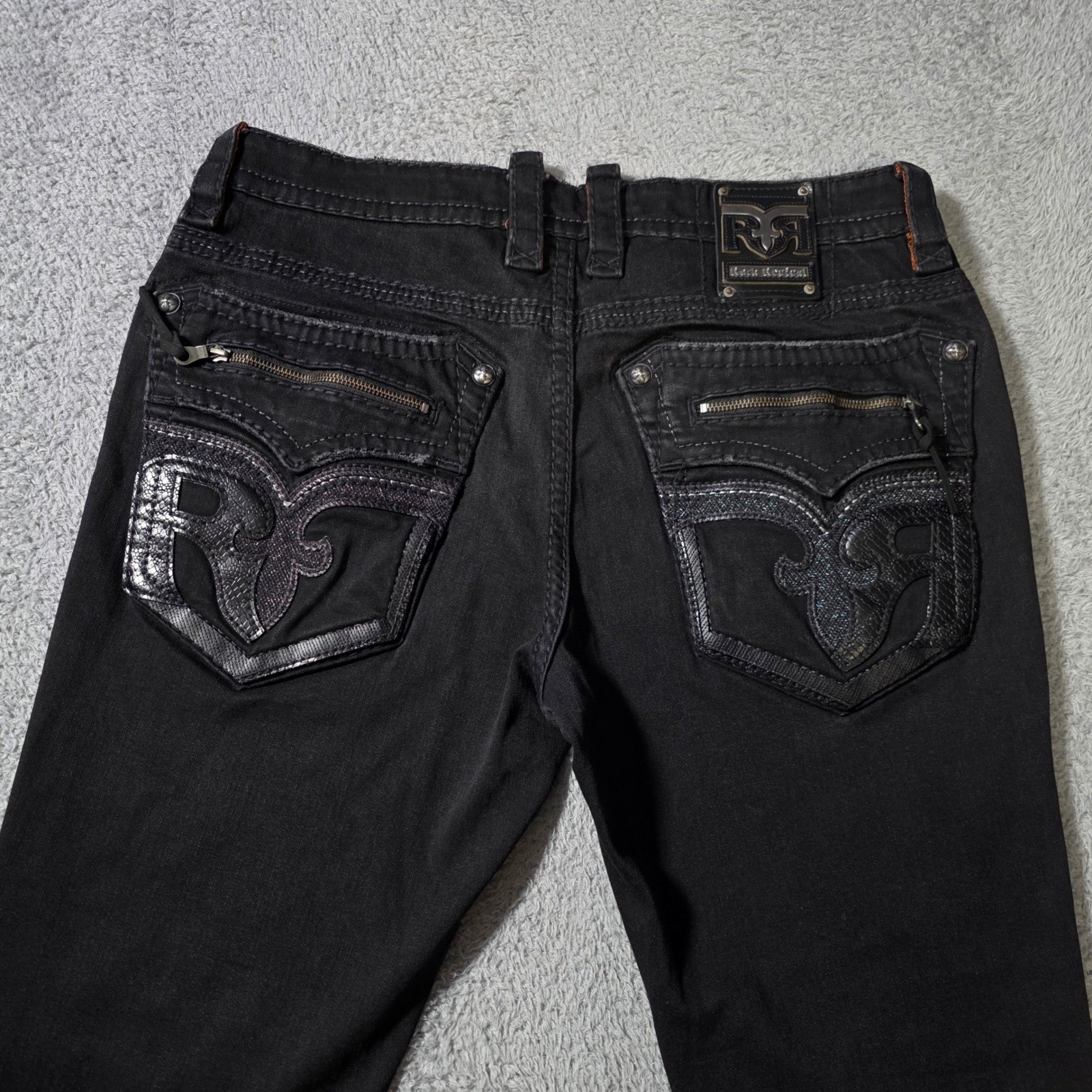 Rock Revival Mens 38 Roman Alt Straight Black Embellished Zipper Pockt Jeans Y2K