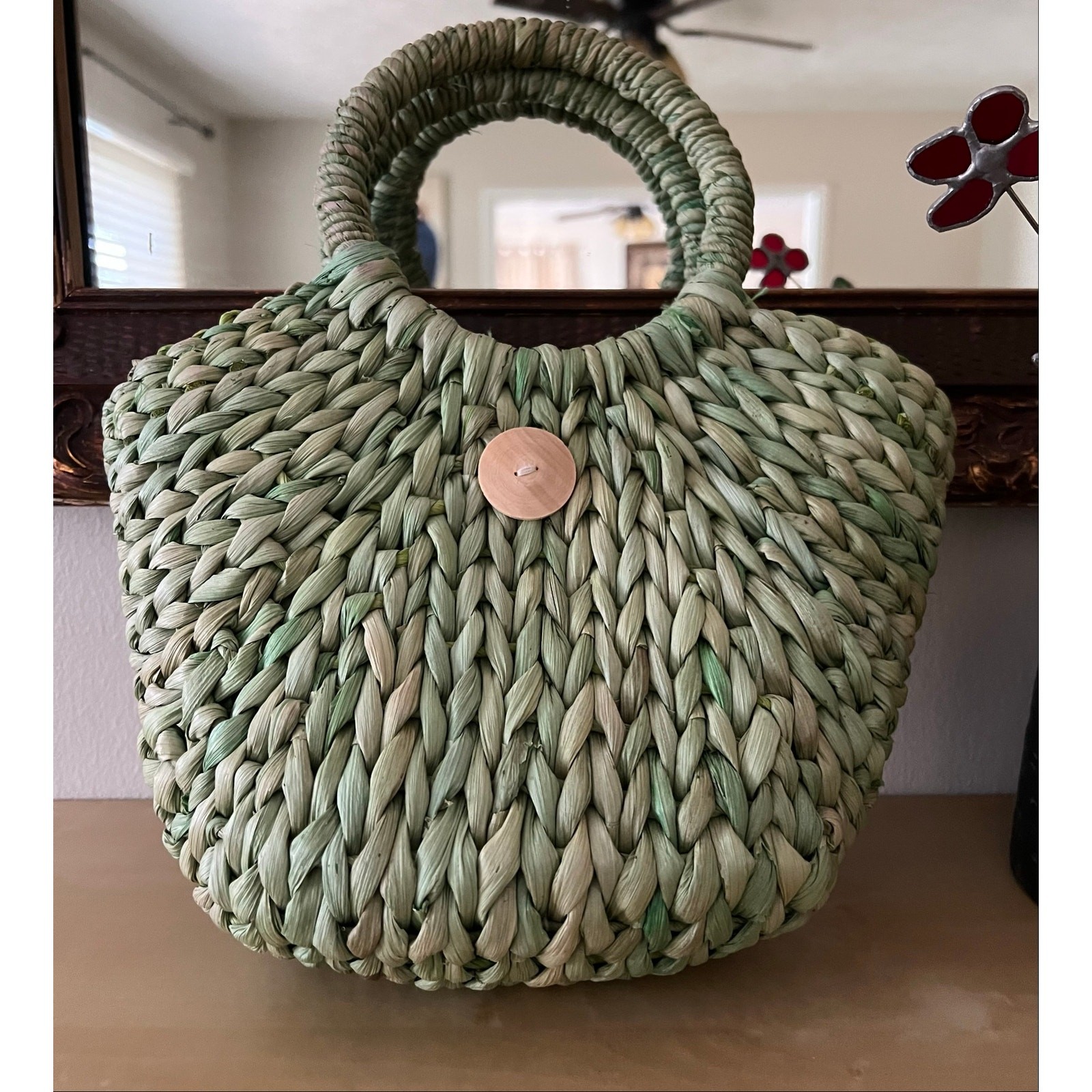 SUN ‘N’ SAND |Thick Woven Green Straw Tote One Wooden Button Circular Handles