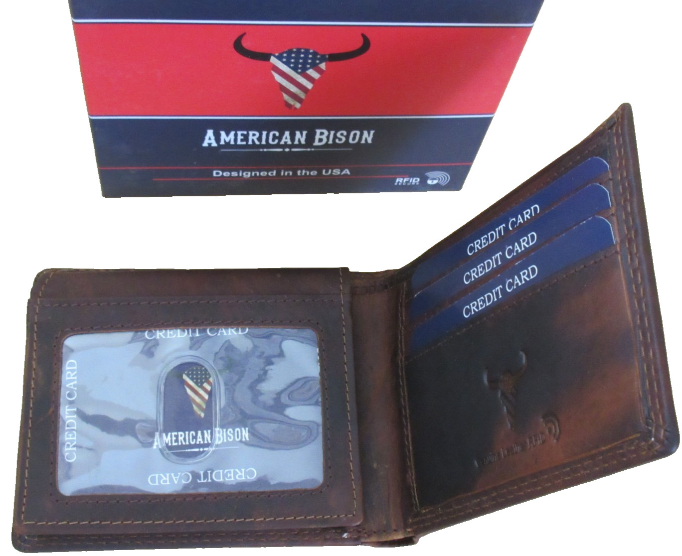 Men’s Distressed Leather American Flag Bifold Brown Embossed Leather Wallet NIB