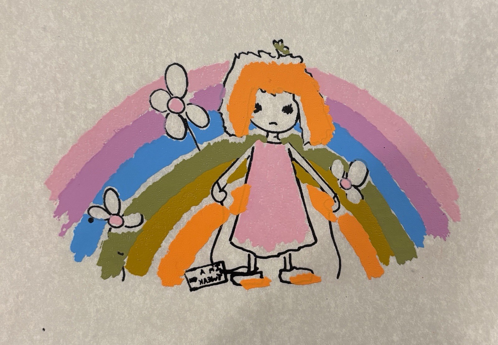 Original Vintage Rainbow Flower Bird Girl Iron On Transfer