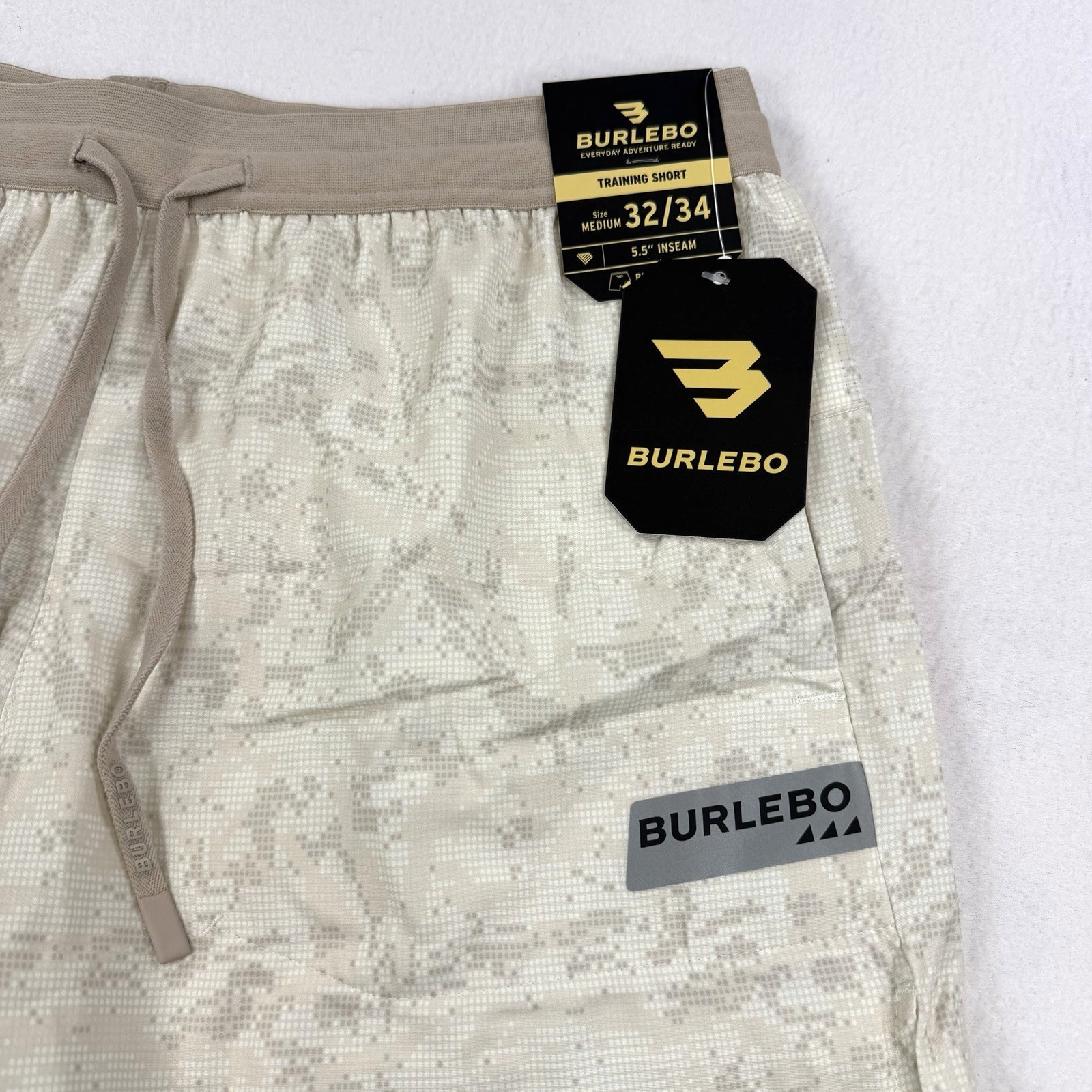NWT Mens Burlebo Training Shorts Digi Camo Ivory Performance Stretch Size Med