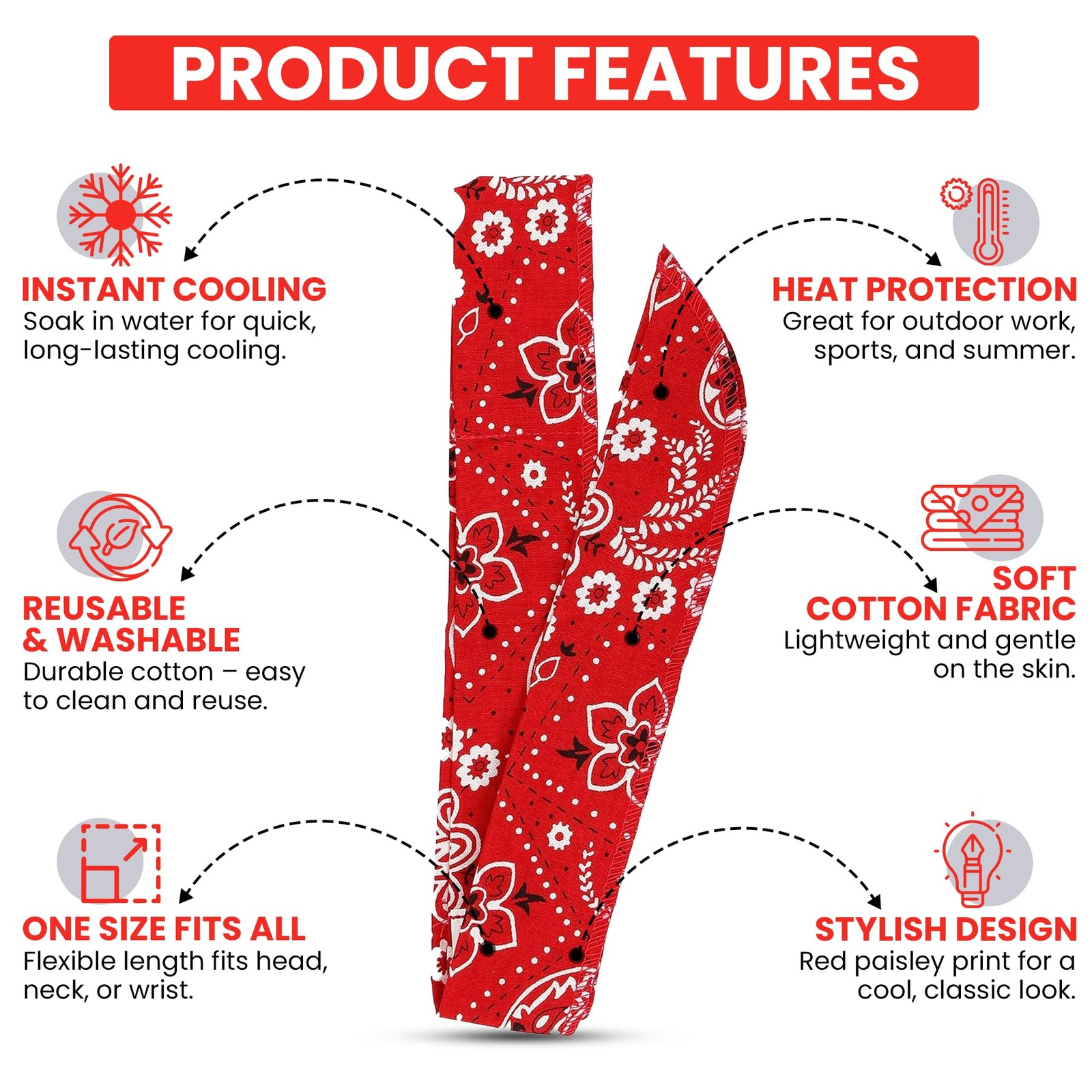 Iconikal 4Pack Cooling Gel Cotton Bandana Headband, 38Inch, Red/Blue Paisley