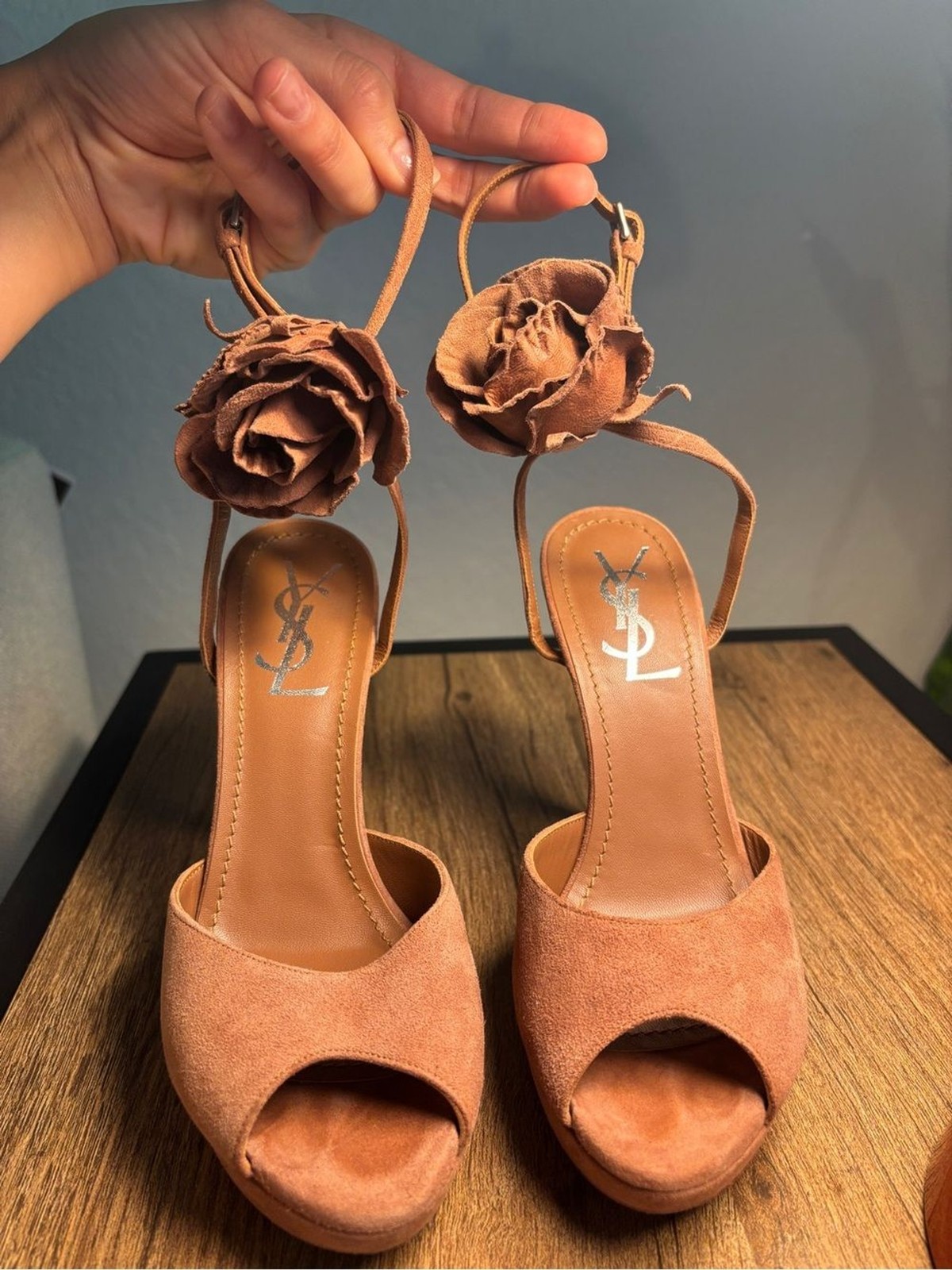 Yves Saint Laurent YSL Heels 35 US 5 Tan Suede Rosette Flower Ankle Tie Platform