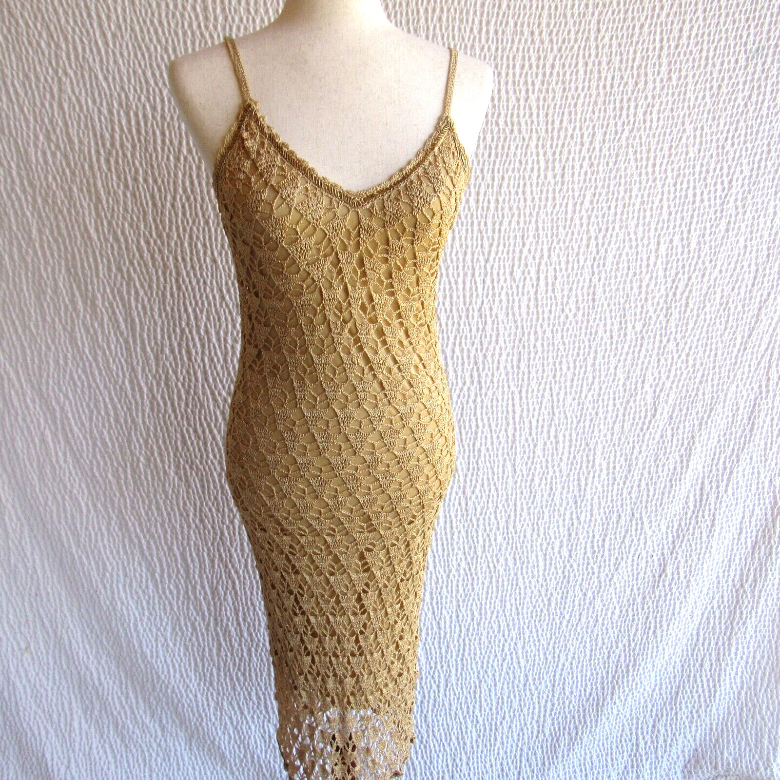 Gold Crochet Lace Dress Size 10 M Form Fit 8-10 Sparkles Ozone Hand Knit Y2K Vtg