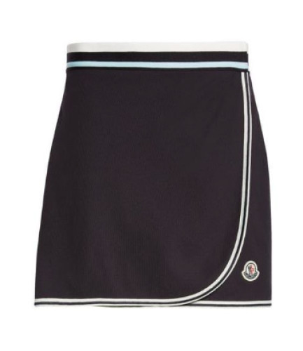 Moncler Logo Patch Faux Wrap Mini Skirt in Night Blue sz L NWT