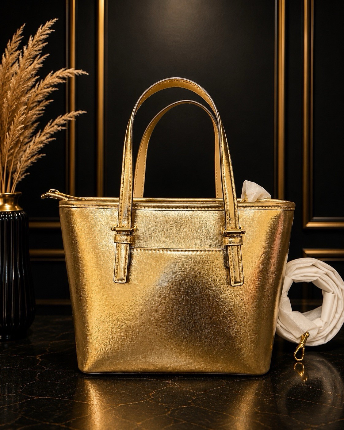 Michael Kors Jet Set Gold Metallic Small Tote Satchel Zip Detachable Strap