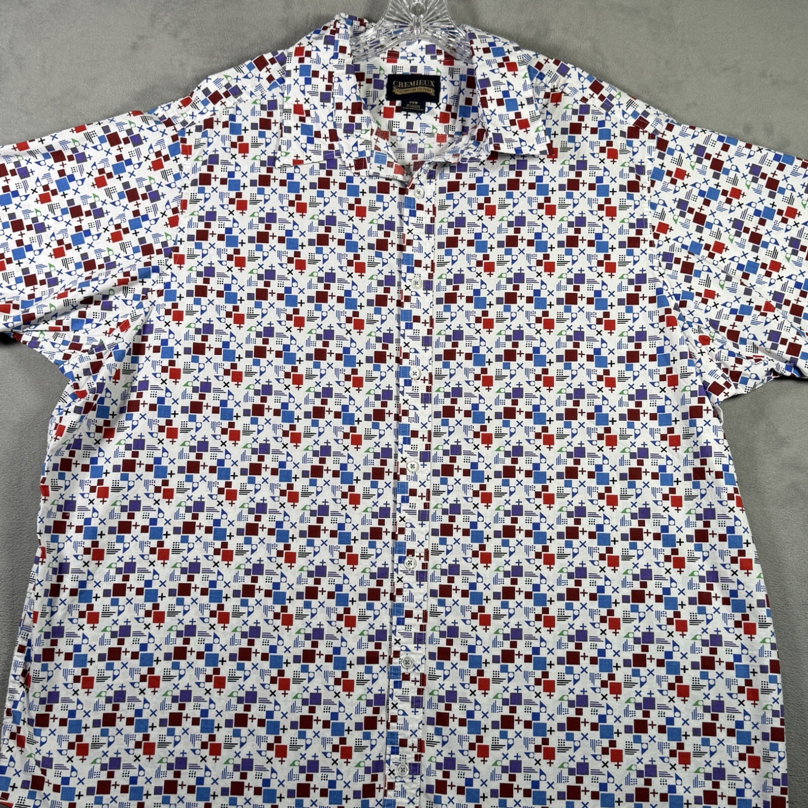 Cremieux Premium Denim Shirt Mens 2XB Geometric Print Stretch Short Sleeve NWOT
