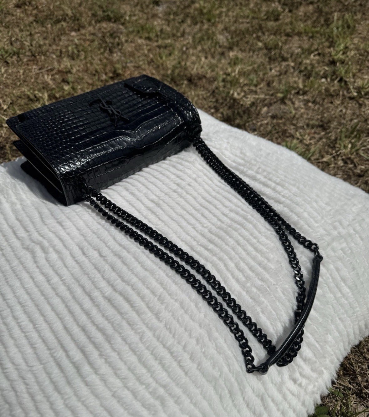 Saint Laurent Sunset Medium YSL Crossbody Bag in Croc-Emboassed Leather
