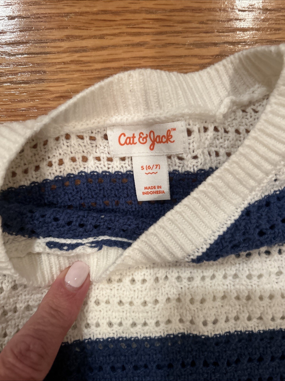Cat & Jack Crochet Navy & Cream Stripe Long Sleeve Summer Sweater Size 6/7