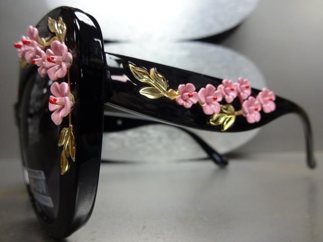 VINTAGE RETRO CAT EYE Style SUN GLASSES Black Frame Unique Floral Flower Design