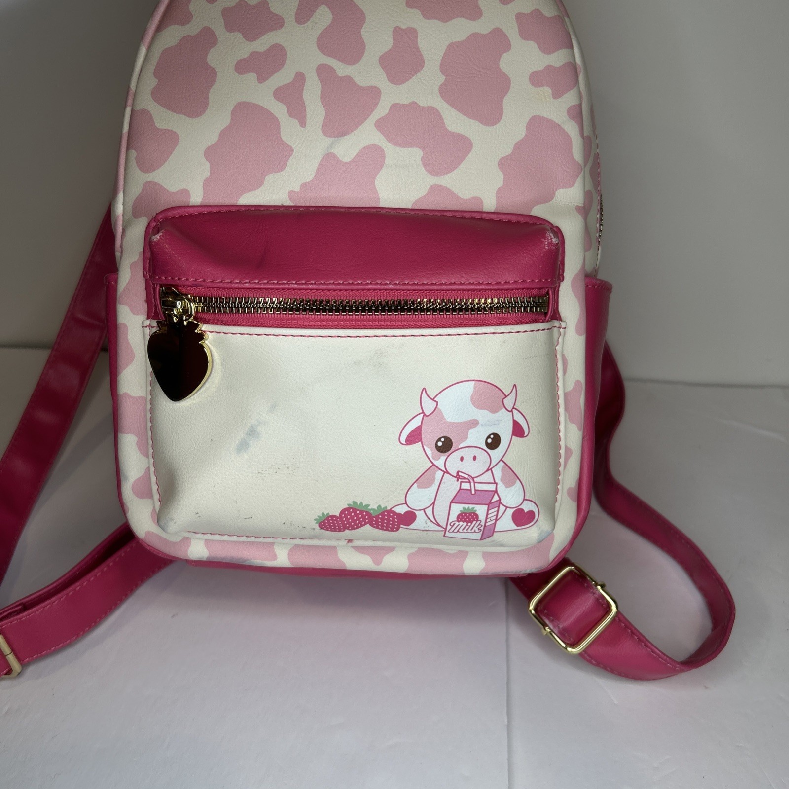 Strawberry Milk Cow Backpack Pink and White Used 11 Inches Gold Hardware Zipper