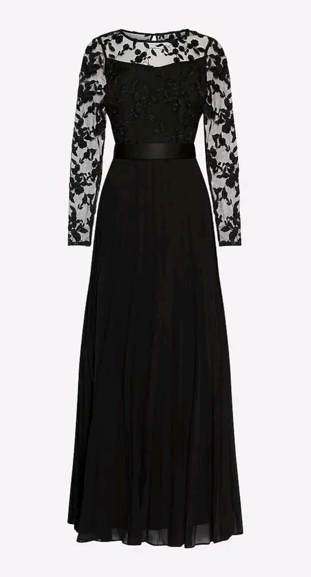 Maxi Dress COAST Black UK 8 Embroidered Long Sleeve Belted Lace Brand New