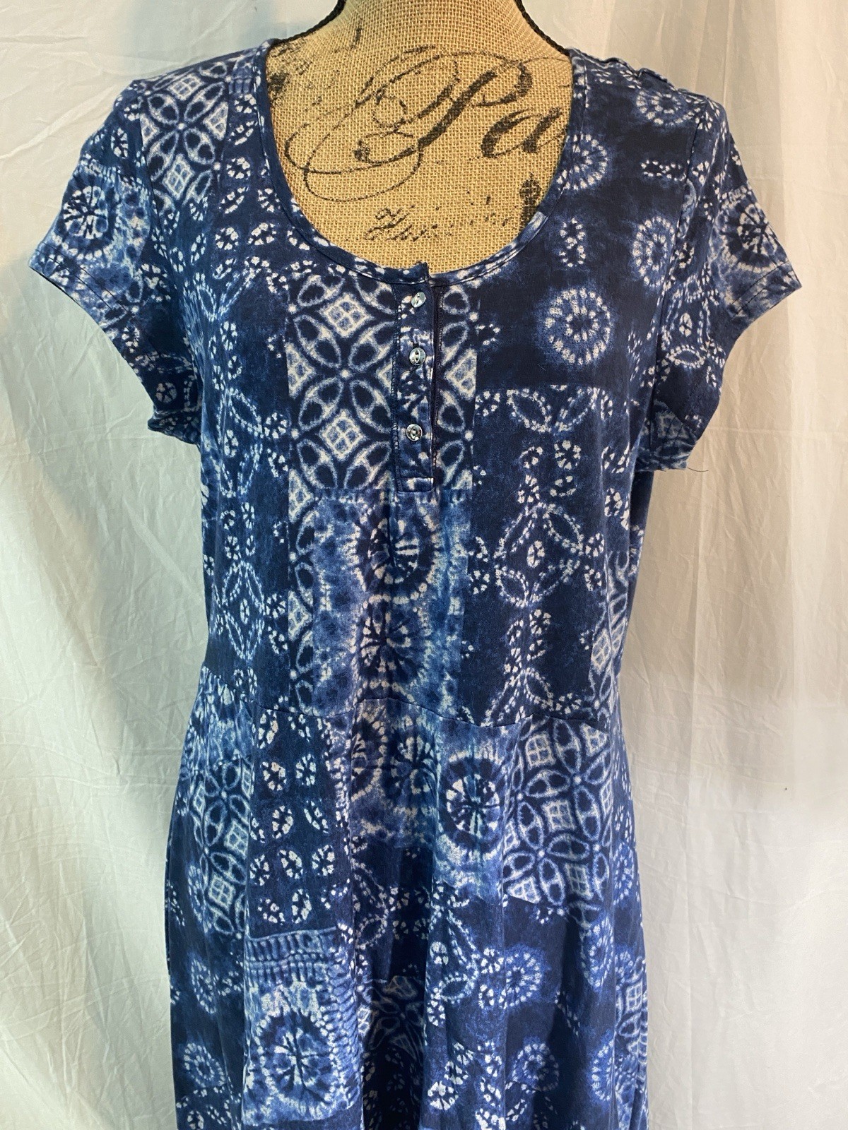 NWT Chaps Women Cotton Knit Indigo Batik Patchwork Long Dress Short Sleeve XL