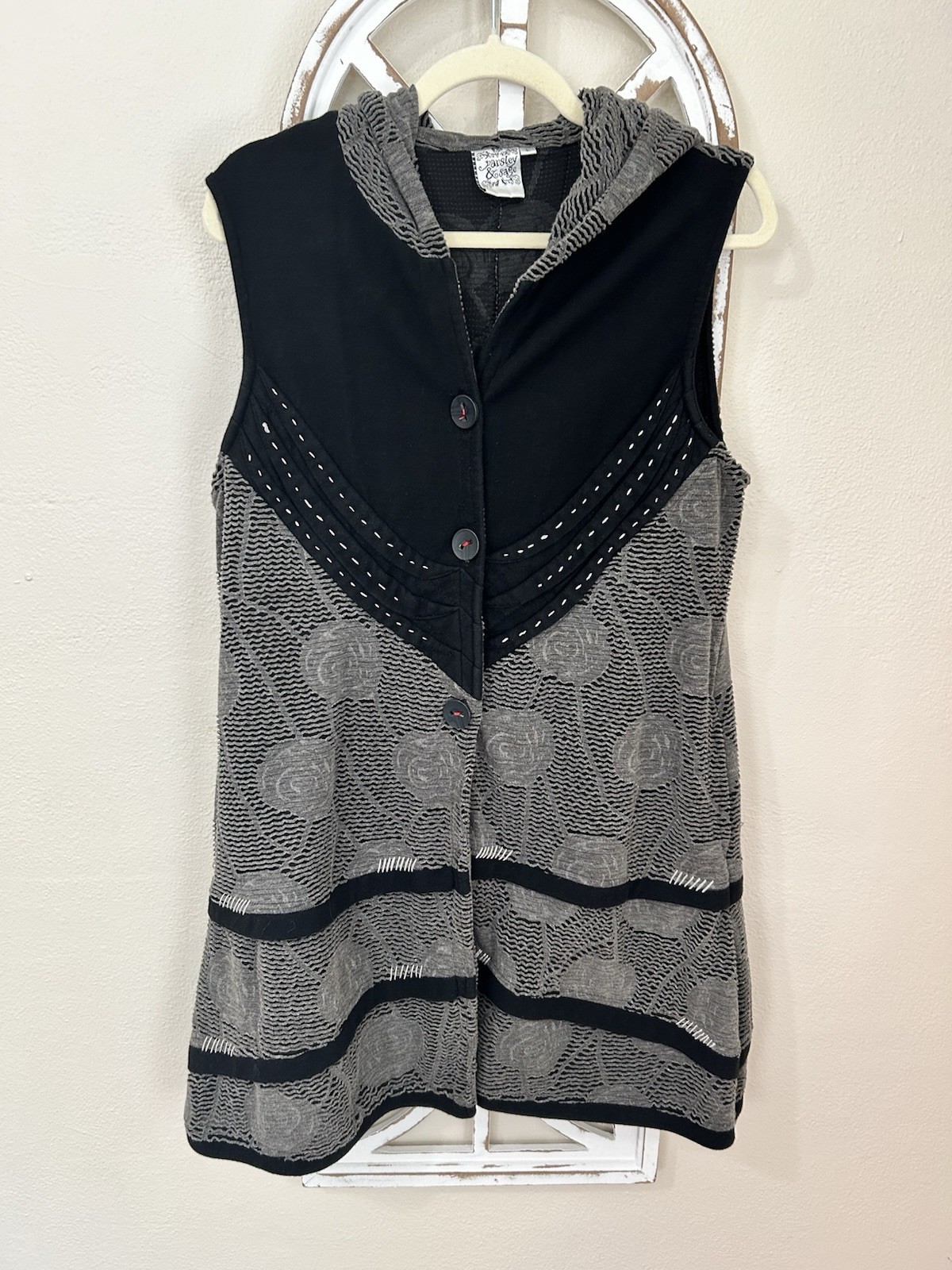 Parsley & Sage LARGE Mixed Media Textured Hooded Sleeveless Button Up Vest