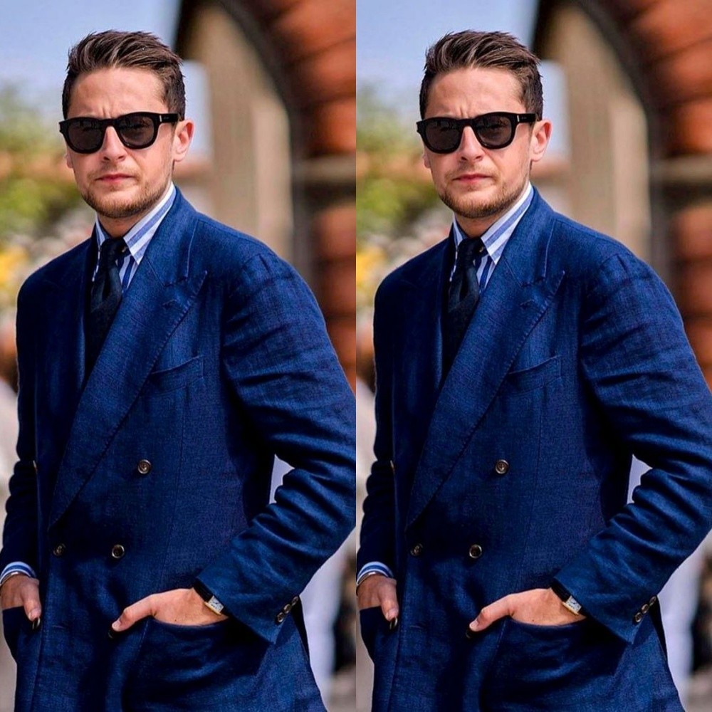 Navy Linen Men Suits Peak Lapel Double Breasted Formal Dinner Party Men Blazers
